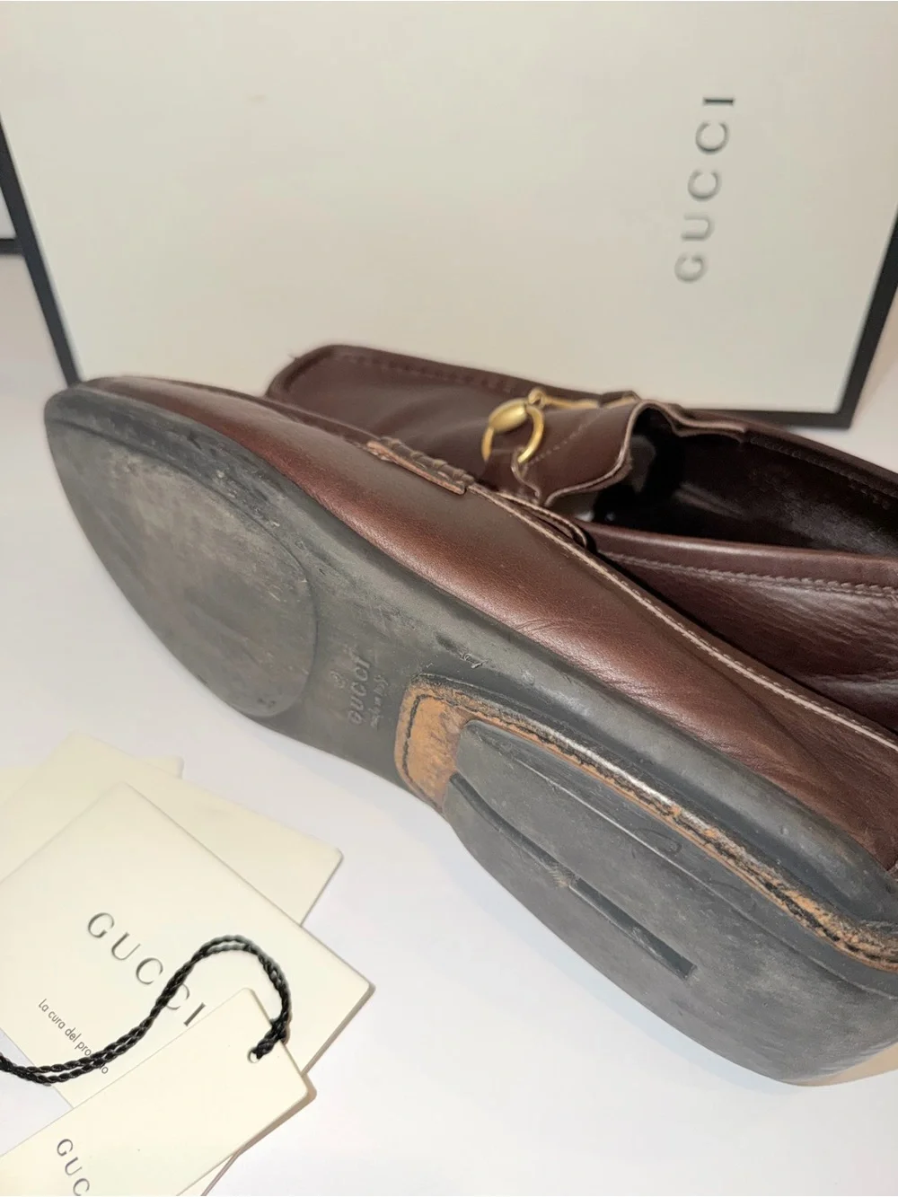 In Box Gucci Brown Leather Horsebit Slip-On Loafers, Sz 11 1/2